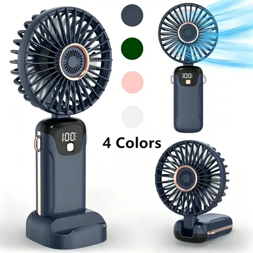 USB Rechargeable Hand Held Pocket Fan with Digital Battery Indicator, 5 Speed Personal Mini Cooling Fan with Detachable Base, Portable Travel Fan for Outdoor Camping & Daily Use