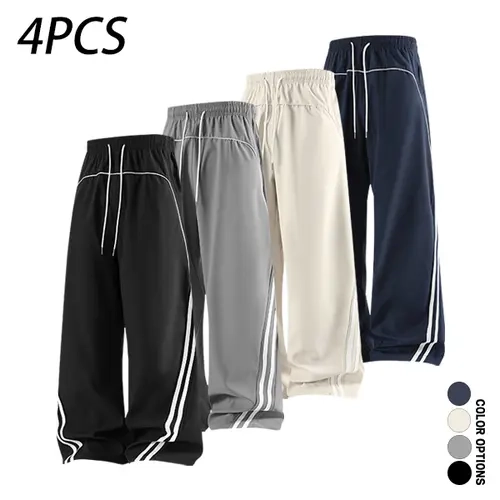 Pack of 4 men’s casual long pants featuring a deconstructed color-block striped patchwork design, loose fit with drawstring elastic waistband; versatile for everyday wear in spring and autumn, suitable for casual sports and fitness.