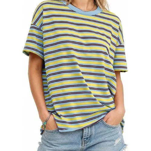 Fisoew Lady's Basic Colorful Striped Oversized Jersey T-Shirt - Crew Neck, Drop Shoulder, Short-Sleeve, Comfortable Loose Casual Summer Top,back to school,back to school shopping,clothes for back to school,first day of school outfits