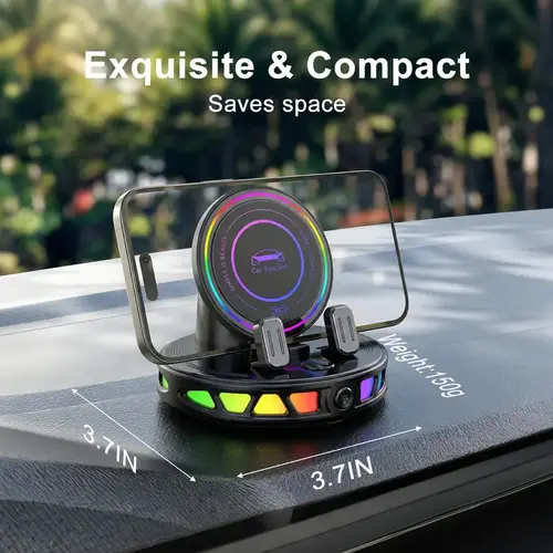 RGB Wireless Charging Car Phone Mount – Magnetic Auto-Lock Holder with 360° Rotation & Stable Suction Base For Dashboard & Windshield, Fits iPhone & Android Father's Day Gifts