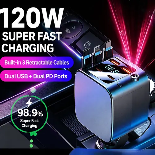 9-in-1 Car Charger - High Efficiency Charger, Car Interior Accessories with Retractable Cable, 180° Rotating USB-C Adapter, Starlight Projector Atmosphere Lamp, LED Voltage Display, Compatible with iPhone 17/16/15/14, Samsung Galaxy