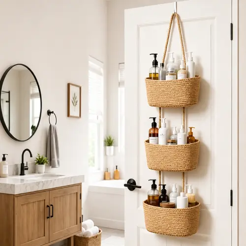 【Envío gratis】Cesta tejida de algodón de 3 niveles para colgar sobre la puerta, organizador de pared de yute para baño, cestas decorativas para guardería, ideal para padres ocupados para guardar pañales y juguetes, organizador de lavandería y del hogar