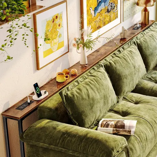 Huuger 102.4/110.2/118.1/129.9 Inch Behind Couch Table with 2 Power Outlets and USB-C Ports, Extra Long Narrow Sofa Table for Sectional Sofa, Skinny Console Table with Anti-Bump Pads, for Living Room, Rustic Brown