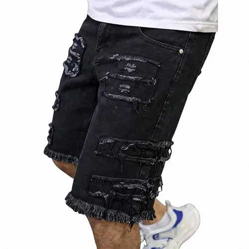 Men’s frayed ripped denim shorts, mid-length (knee-length), straight cut, streetwear distressed look, casual trend
