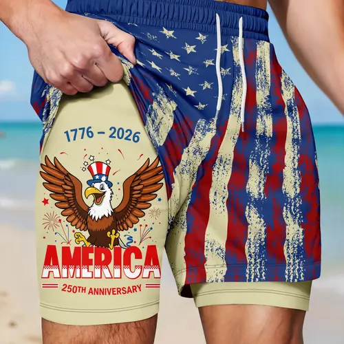 Men's Double-Layer Quick-Dry Printed Swim Trunks, Vintage American Flag Eagle Fireworks Print, Drawstring Anti-Chafe Board Shorts for Surfing & Summer Beach, Swimwear Shorts