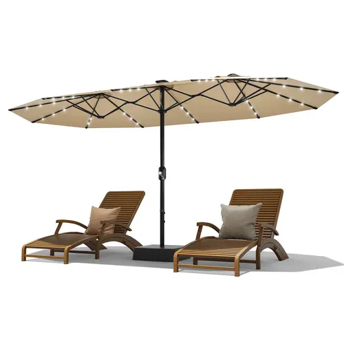 Premium 15FT Double-Sided Patio Umbrella with Solar LED Lights & Heavy Duty Base, 135 Sq.Ft Rectangular UPF 50+ Waterproof Outdoor Shade Canopy with Easy Crank, Extra Large Market Umbrella for Backyard Poolside Deck & Garden, Beige