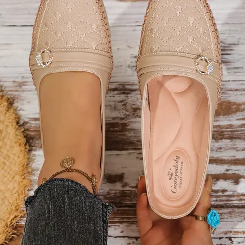 Goreyodoly women mule flats embroidery design slip on Soft Soled Embroidered Mule Shoes wide fit lightweight soft sole anti slip casual comfort backless shoes elegant style for commuting travel indoor outdoor all season wear