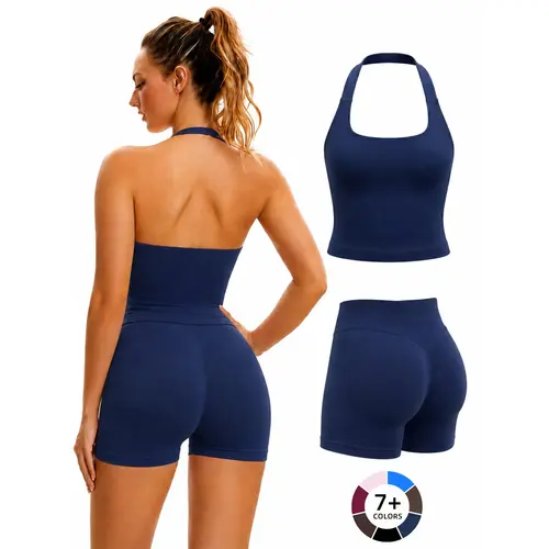 Women's Halter Tank Top and Shorts Set, Seamless Shaping Summer Gym Wear, High Waist Elastic Support Yoga Workout Outfit, Activewear Fitness Outfit