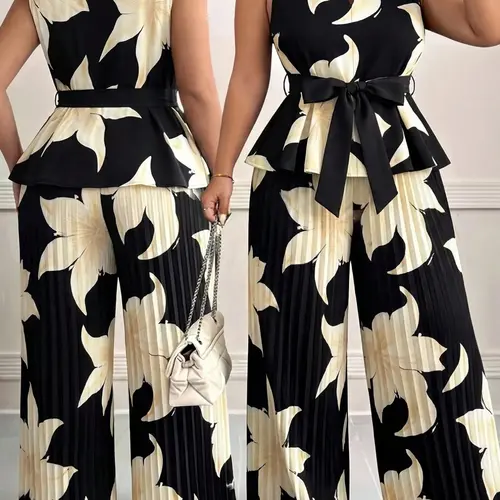 Women's Plus Size 2 Piece Outfits Floral Print Sleeveless Peplum Top Pleated Wide Leg Pants Set Tie Waist V-Neck Plisse Summer Vacation Casual Chic Trendy Feminine Clothes Summer Sets Casual