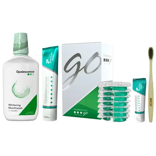 Opalescence Go Teeth Whitening Kit 15% Hydrogen Peroxide 7 Treatments with Sensitive Toothpaste 4.7 oz and 1 oz Travel Size plus Alcohol Free Mouthwash & Toothbrush