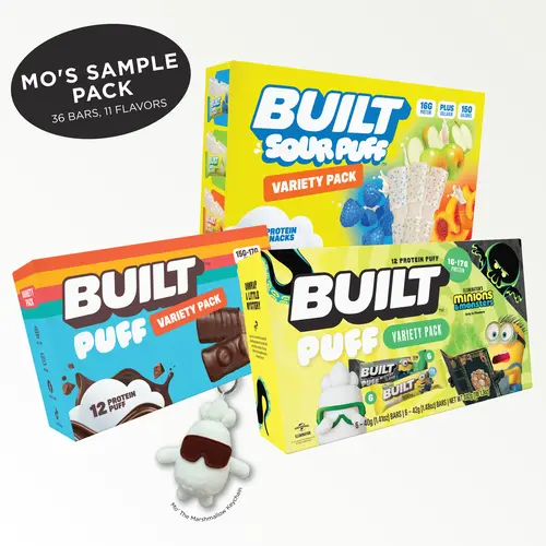 Official BUILT Bar, Minions & Monsters, Puff Protein Bar, Snack, Mo's Sample Bundle Pack of 36 bars, 16g-17g Protein, 140-150 Calories, Collagen, Soft, Marshmallow-y Texture, 24 Count of Bars