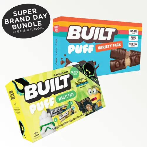 Official BUILT Bar, Minions & Monsters, Puff Protein Bar, Super Brand Day Sampler Bundle, 16g-17g Protein, 140-150 Calories, Collagen, Soft, Marshmallow-y Texture, 24 Count of Bars