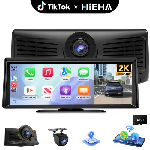 【HiEHA | TikTokShopBackToSchool】8.14" HD Wireless CarPlay Portable Stereo, Supports YouTube & TikTok, 2K Front Dash Cam + 1080P Backup Camera, Apple CarPlay & Android Auto, GPS, Mirror Link, Bluetooth/FM/AUX, Plug and Play, 64GB TF Card Included, Cars, Da