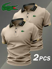 Men's Crocodile Print Polo Shirt, Elastic Classic Casual Breathable Summer Polos, Four-Season Wear, Comfortable Durable Polo Shirts Set, Two-Piece Set