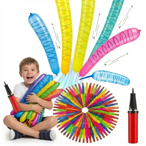 50/100 pcs Multicolor Rocket Balloon Set  - Festive Party Supplies with Aerodynamic Nozzle, Easy-Inflate Filling Pump, Sound Effect Whistling Flying Design, for Happy Birthday Outdoor Play Events, Non-Reusable, Balloon Decor