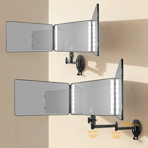 Umitec Adjustable LED Light 3 Way Mirror Wall Mounted Small Version, Portable Trifold Mirror for Shaving, Makeup, 360 Degree Mirror