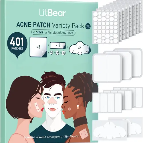LitBear Large Hydrocolloid Pimple Patches (6 Sizes, 401 Count) - Gentle, Sensitive-Skin Blemish & Acne Spot Patches, XL Bandages for Face & Body, Spot Acne Treatments, Blemish Patches