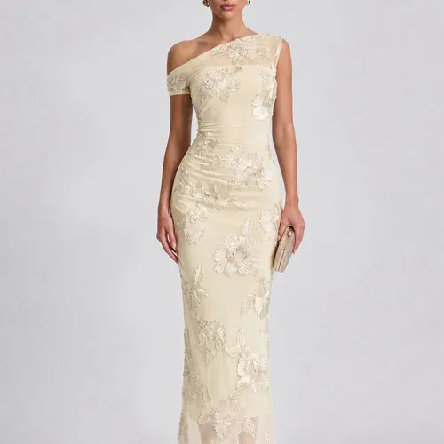 LikeMyChoice 2026 Women's Elegant Off-Shoulder Mesh Lace Midi Bodycon Dress with 3D Floral Applique for Formal Party, Evening Events
