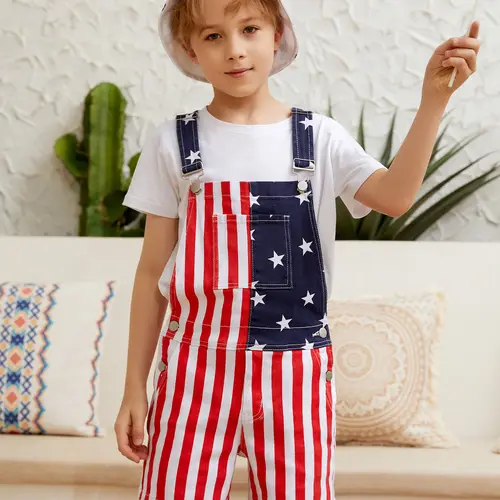Kids American Flag Overalls for Boys and Girls, Unisex Bib Pants with Soft Stretch Fabric, Breathable Summer Streetwear Outfit for Independence Day, Memorial Day, National Holiday Festivals, Parties and Casual Vacation Wear