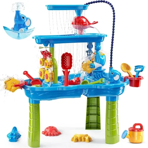 3-Tier PVC-Free Child-Safe Plastic Kids Sand Water Table, Toddler Toys for 3-4 Years - Electric Pump, Spinning Wheel, Boats, Watering Can, Sea Animals, Easy Assembly, STEM Learning, Fine Motor Skills, Outdoor Backyard Summer Gift