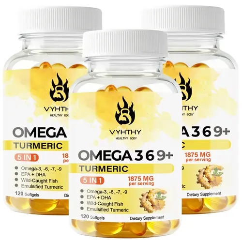 VYHTHY Omega 3 6 9 Fish Oil + 7 Turmeric Supplements 1875mg - 5 in 1 Premium Fish Oil Softgels with High EPA DHA, Borage & Macadamia Nut Oil, Emulsified Turmeric Root - Joint, Heart & Immune Support - 120 Softgels