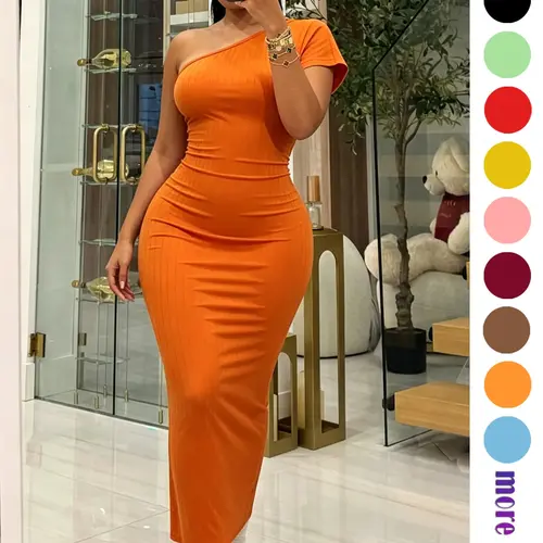 One Shoulder Asymmetrical Ribbed Knit Solid Midi Dress for Women, Summer Short Sleeve Bodycon Pencil Dress, Casual Club Night Out Form Fitting Mid Calf Sheath Dress