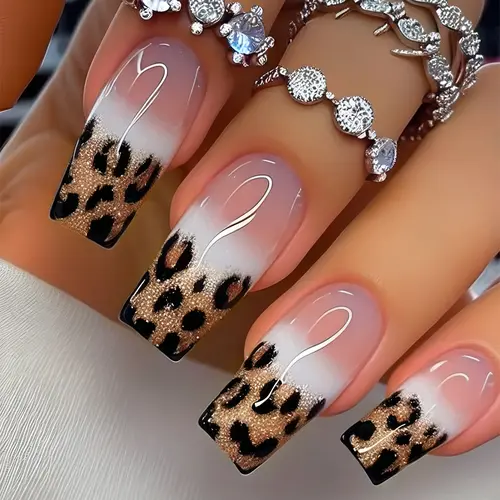 Cy1043-B7 Jade Leopard Print Jelly Glue Press On Nail Sets, Shiny Glitter Decorative DIY Real Acrylic Fake Nails, Skin-Friendly Jade Tone Tips, Diy Fake Nails