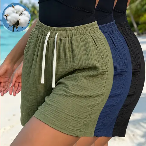 3-pack women’s summer shorts, 100% cotton, solid color, comfortable, breathable, lightweight, adjustable drawstring waist, stylish and versatile, suitable for home, everyday wear, travel, beach, etc.