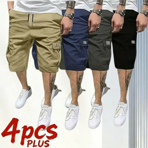 Men’s Plus Size 4-Piece Shorts Set — Brown/Black/Dark Navy Blue/Green — Angled Cargo Pockets — Versatile Casual Style — Everyday Use — Men’s Cargo Shorts