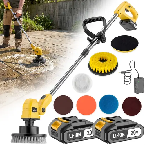 20V Cordless Electric Scrubber Cleaning Tool - Wireless Floor Cleaner with Extendable Telescopic Handle, Li-ion Cells Rechargeable Battery, Multiple Sets of Brush Heads, Suitable for Kitchen, Bathroom Floors, Floor Cleaning, Extendable Arm