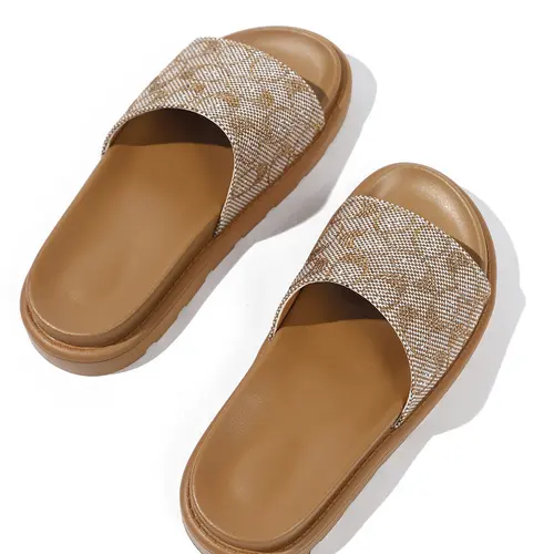 Women Rhinestone Vintage Logo Print Platform Slide Sandals Open Toe Slip On Casual Slippers Footwear