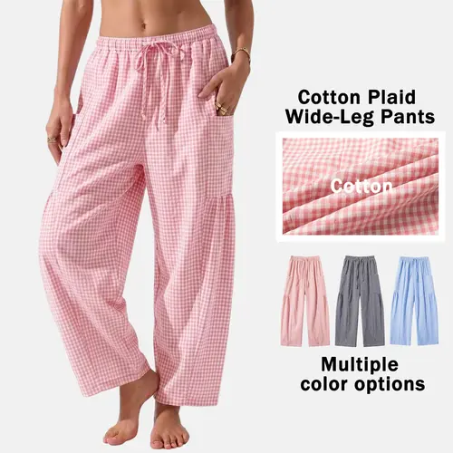 Women’s vacation-style small plaid wide-leg loungewear pants made of cotton with an elastic drawstring waist and side pockets; cloud-like softness, breathable, loose, and comfortable—ideal for sleeping, home office, everyday wear, and vacations.