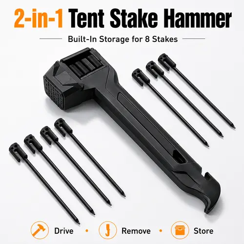 2-in-1 Tent Stake Hammer with Storage for 8 Stakes, Camping Mallet with Stake Puller for Tent Setup, Outdoor Hiking & Campsite Use