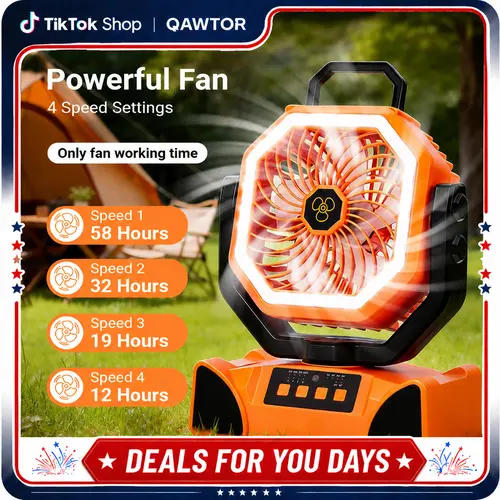 Qawtor 2026 Upgraded Cordless Outdoor Camping Fan - 20000mAh Rechargeable, LED Light, 360-Degree Adjustable Rotatable Head, Sturdy 360° Rotating Hook, Lightweight Portable for Camping, dealsforyoudays,back to school,back to school haul