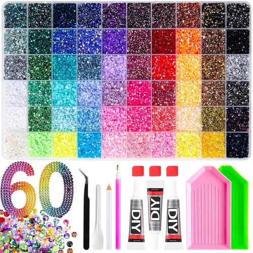 60-Color Jelly Resin Rhinestone Set, DIY Nail Art Kit with Multicolor AB Flatback Rhinestones, Complete Manicure & Craft Set with Glue and Tweezers for Phone Case Decoration and Jewelry Making