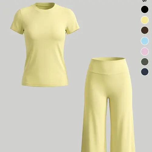 Women's Sporty Fitted 2-Piece Set, Solid Color Short Sleeve Top & Capri Pants for Yoga, Casual Summer Wear, Comfortable & Stylish Outfit