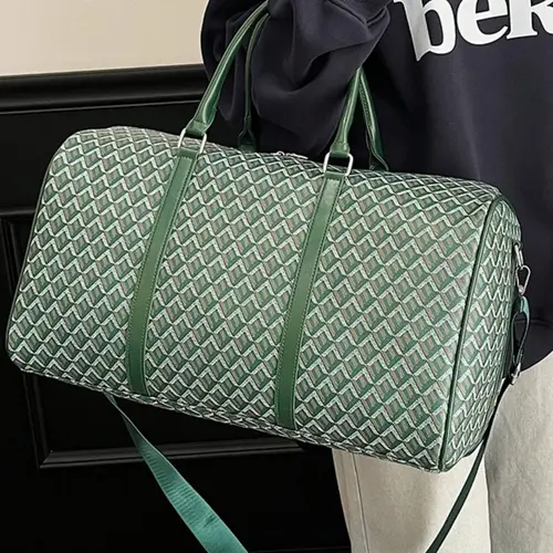 Vintage Geometric Jacquard Cylindrical Travel Duffle Weekender Bag, PU Leather Accent Handbag with Detachable Shoulder Strap, Lightweight Luxury Gym Bag, Travel Bags, Weekender Duffel