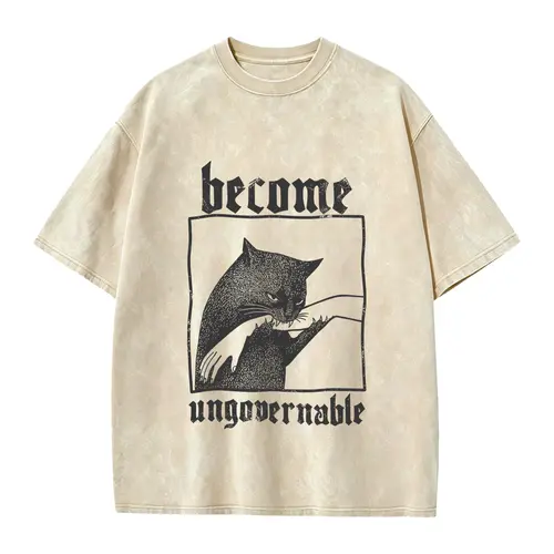 Become Ungovernable Funny Graphic Cat Biting Hand T-shirt, Vintage Graphic Tee, Silly Cats Shirt, Unisex Cotton, Gag Gifts