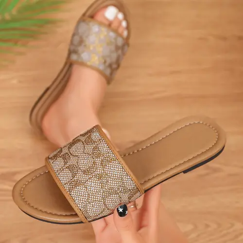 Rhinestone Slide Sandals with Tan Trim Flat Comfy Sole, Versatile for Daily Commute Holiday Matching All Outfits