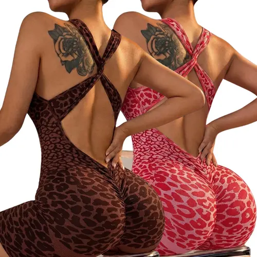 Two-Piece Leopard Print Halter Cross-Back Cutout Yoga Bodysuit, Ruched Butt-Lifting Seamless Short Outdoor Fitness Wear Pilates Outfits Workout Outfits
