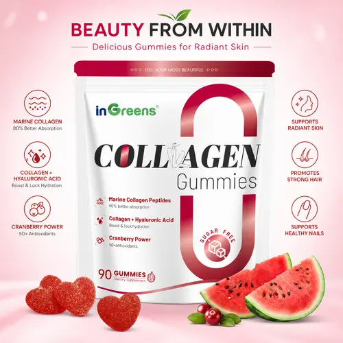 InGreens Collagen Gummies – Hydrolyzed Marine Collagen 5000mg, Hyaluronic Acid + Cranberry + 50+ Antioxidants, Zero Sugar, 90 Gummies, 30-Day Supply – Supports Skin, Hair, Nails & Hydration (US Stock)