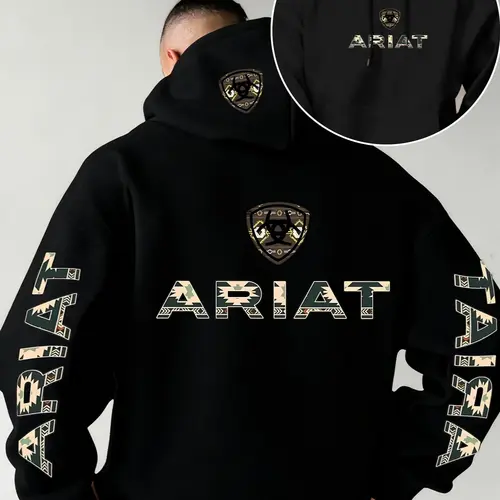 Unisex Hooded Sweatshirt, Ariat Letter Print, Soft Stretch Knit Fabric, Standard Fit, Casual Daily Wear, All Season Apparel