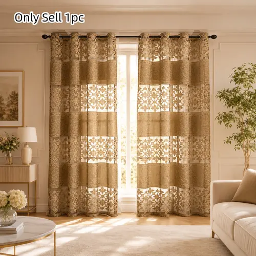 1pc French Luxury Creamy Style Window Curtain, Hollow Four-Leaf Geometric Flower Net Alternating Horizontal Stripes, Elegant Living Room Decor, Home Decoration Curtain, Net Curtains, Window Drapes, Curtain for Windows