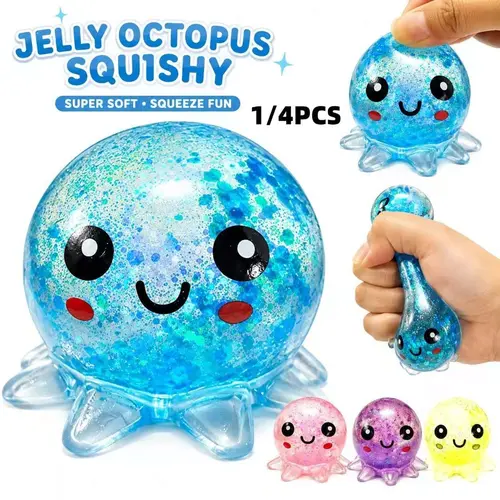 Clear Glitter Octopus Squeeze Toy, Glitter Squishy, TPR Maltose Filled Stress Ball, 4 Colors Available Anxiety Relief Fidget Toy for Adults Kids