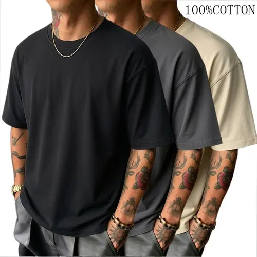 Men's 3-Pack 100% Cotton Basic Classic Ribbed Oversized Plain Vintage Loose Short-Sleeve Round Neck T-Shirts - Streetwear Casual Summer Fabric Tops, Menswear Clothing