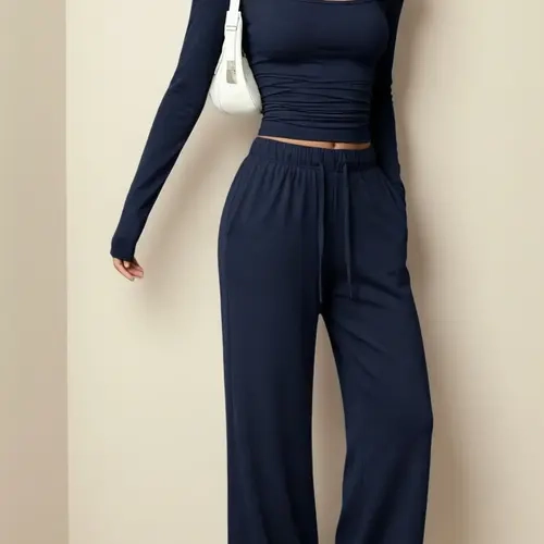 Women's Slimming Simple 2-Piece Casual Set - Square Neck Long Sleeve Cropped Basic Top, Slightly Wide Pants, Skin-Friendly High-Stretch Knit Fabric, Ruched Slim Fit Chic Design, Versatile for Everyday Wear & Commuting, Women's Casual 2 Piece Sets