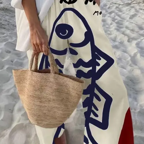 Women's Beach Vacation Fun Ocean Animal Fish Print Casual Loose Baggy Wide Leg Pants, Bottoms, Elastic, Pocket Design, Soft Breathable Fabric, Suitable for All Seasons