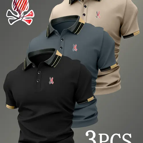 Men's Regular-Fit Golf Polo Shirt Set, Skull Rabbit Print, Polo Style, Breathable Comfortable Fabric, All-Season Casual High-Quality Collared Top, Summer Polos, Printed Polo Shirts