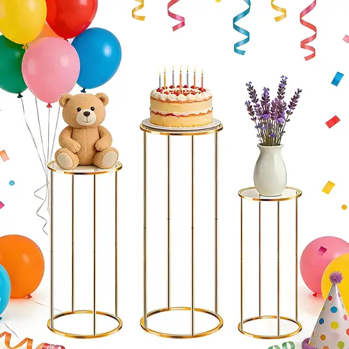 Garvee 3-Pack Gold Metal Cylinder Stands – Round Pedestal Display Columns for Weddings, Birthdays, Event Backdrops & Floral Decor Arrangements