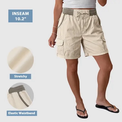 Flamingals Contrast Binding Roll Hem Flap Pocket Drawstring High Rise Bermuda Shorts Womenswear Stretchy 10.2" Inseam